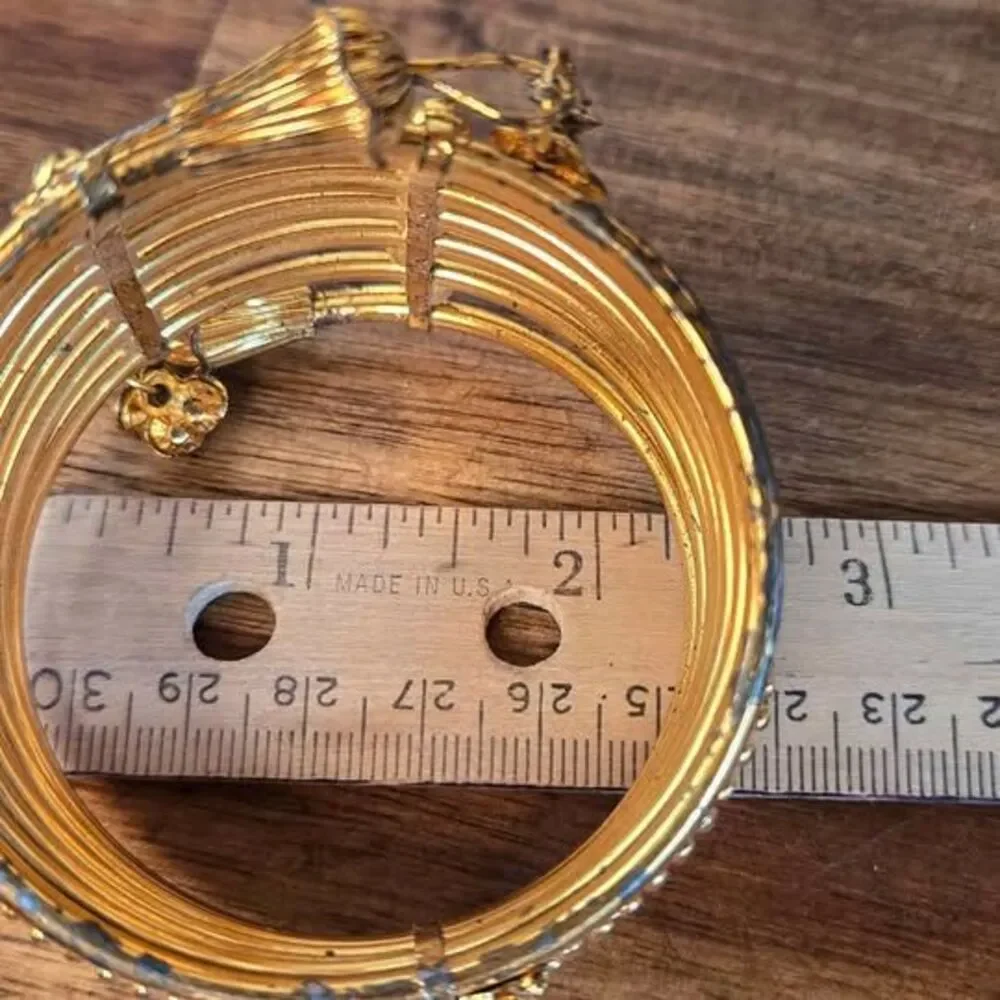 Gold Tone Multi Band Rhinestone Bangle Bracelet Floral Charm 2.5